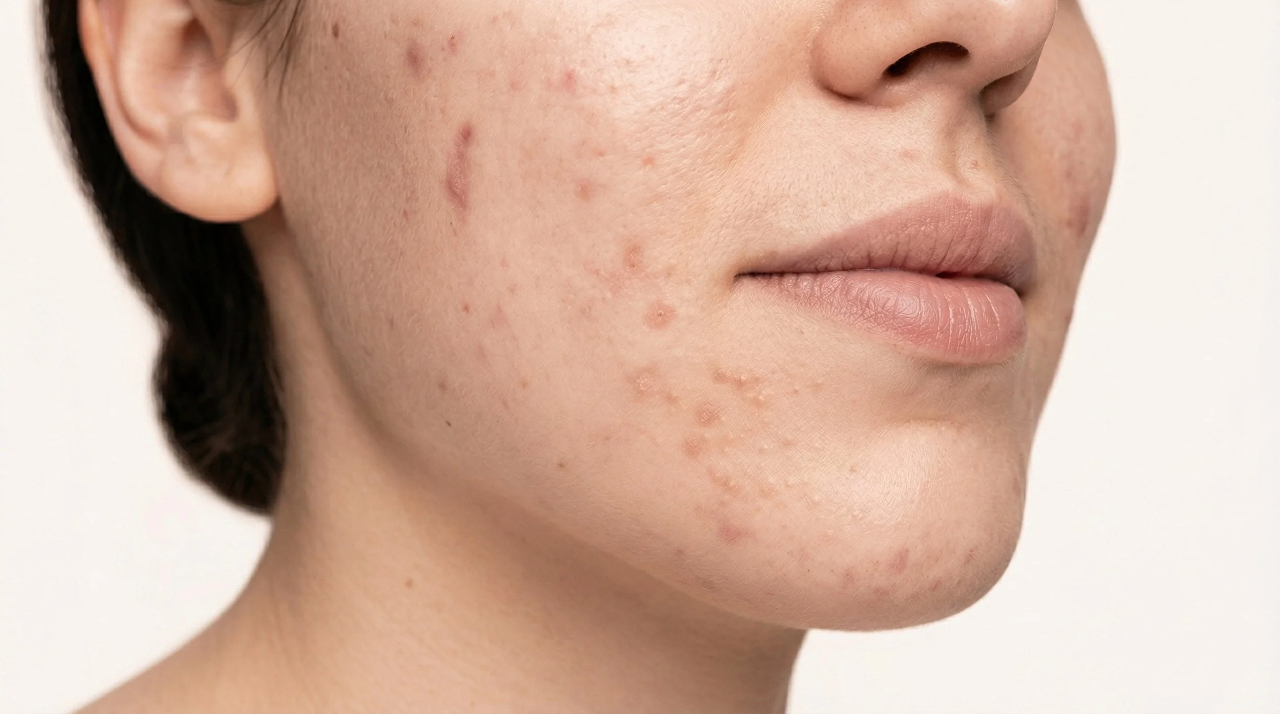 Peau d'une femme présentant de l'acné sur la joue