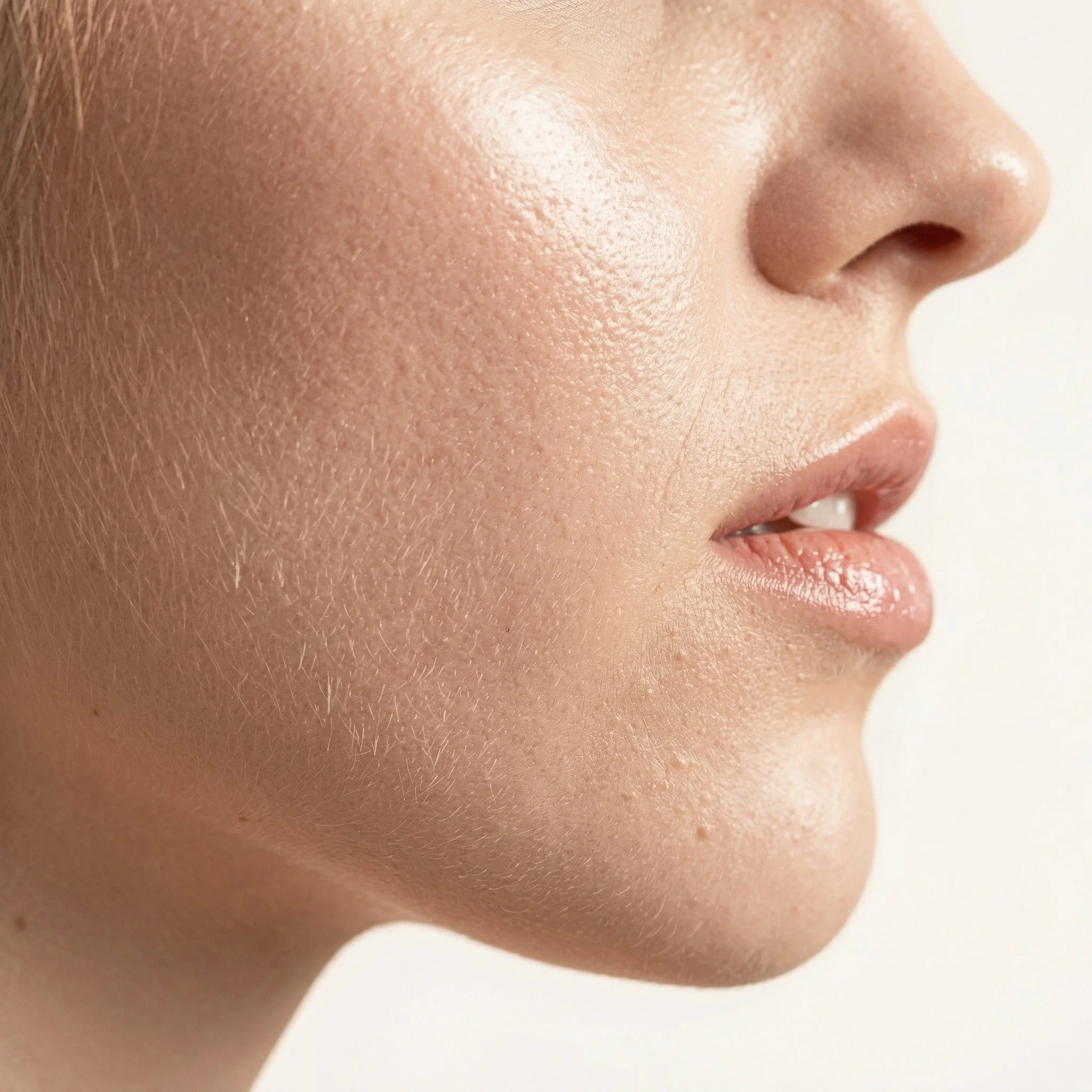 Prise de profil du visage d'une femme avec peau claire, lèvres légèrement ouvertes, peau lisse et lumineuse.