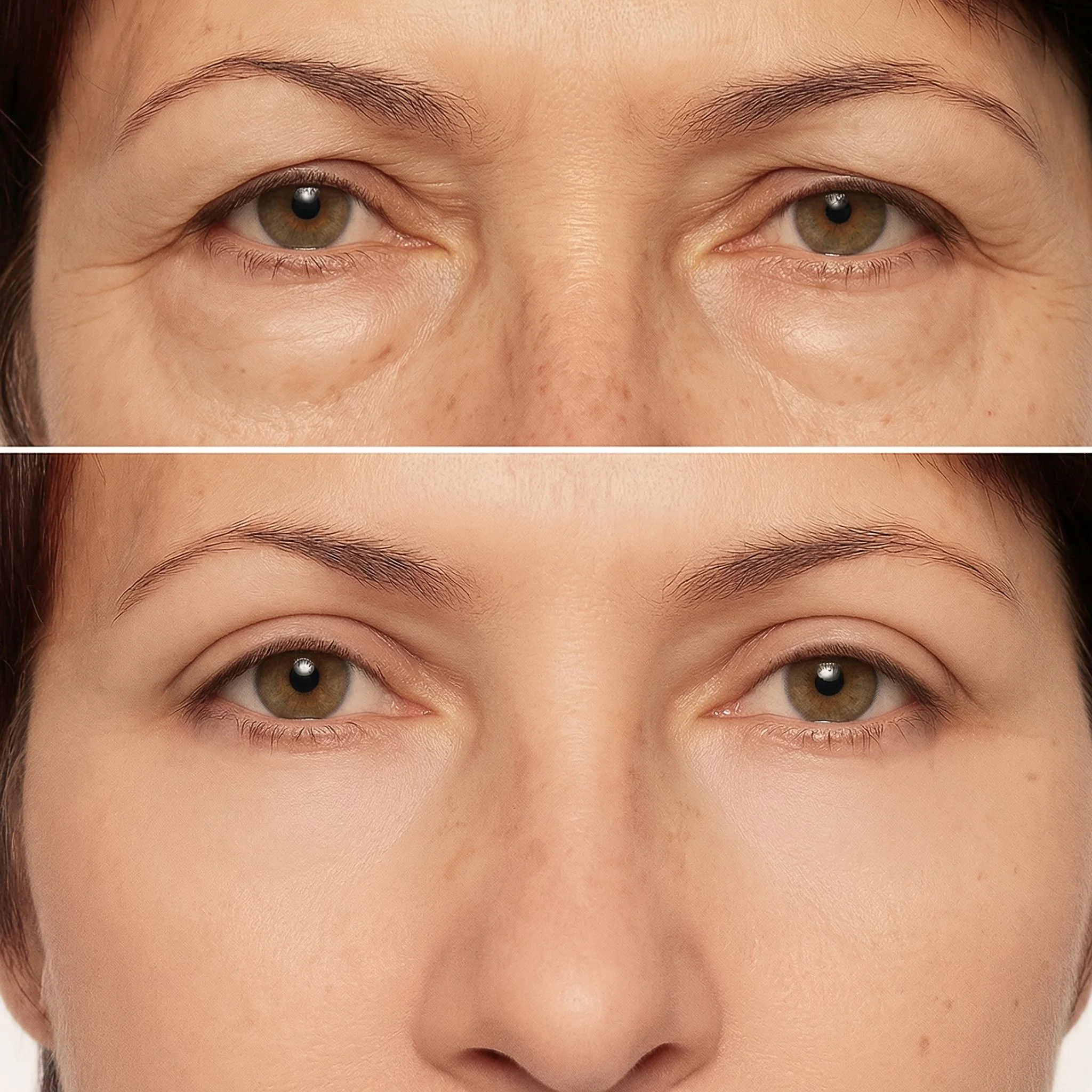 Comparaison de deux visages humains montrant une réduction visible des poches sous les yeux et des rides d'expression dans la partie inférieure par rapport à la partie supérieure.