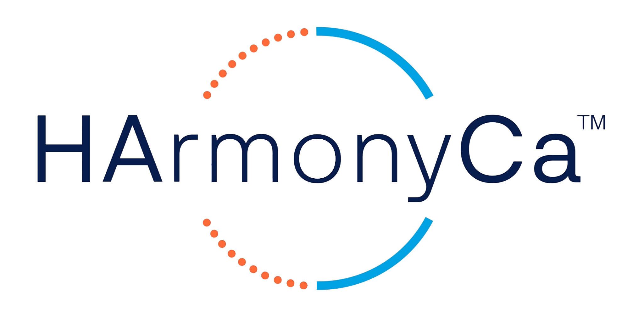 Logo de la marque HarmonyCa avec un fond gris, le nom en texte bleu foncé et des éléments graphiques colorés en haut et en bas du texte