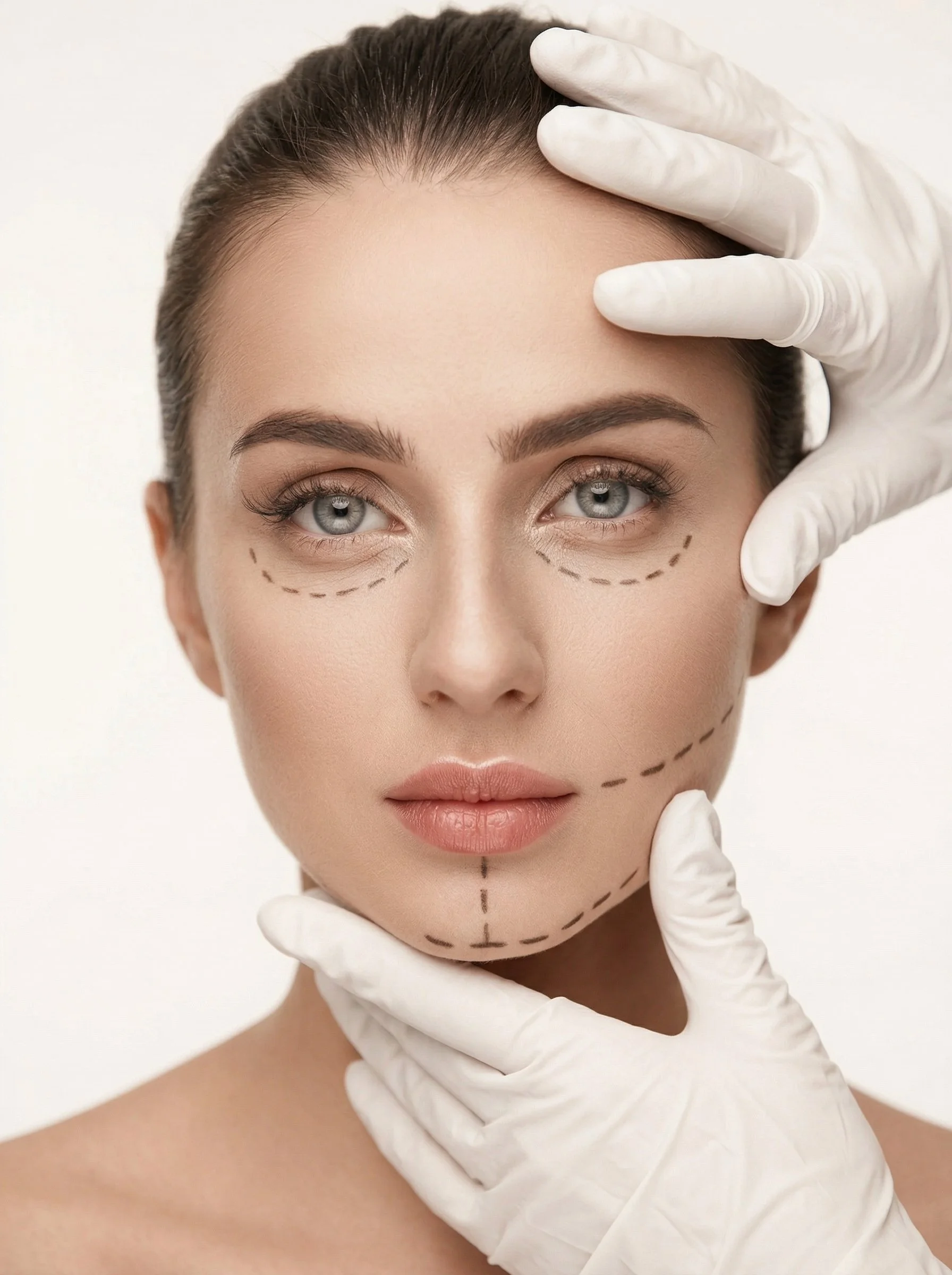 Femme avec des lignes tracées pour une chirurgie esthétique sur le visage, portant des gants blancs, face neutre, fond blanc.