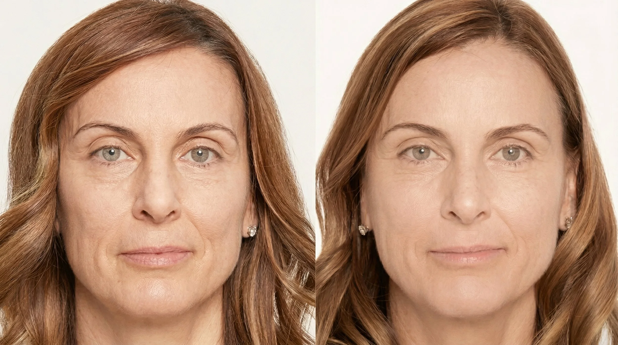 Photo d'une femme avec des cheveux roux, montrant avant et après des modifications cosmétiques, avec une peau plus lisse et un teint plus uniforme dans la moitié droite.
