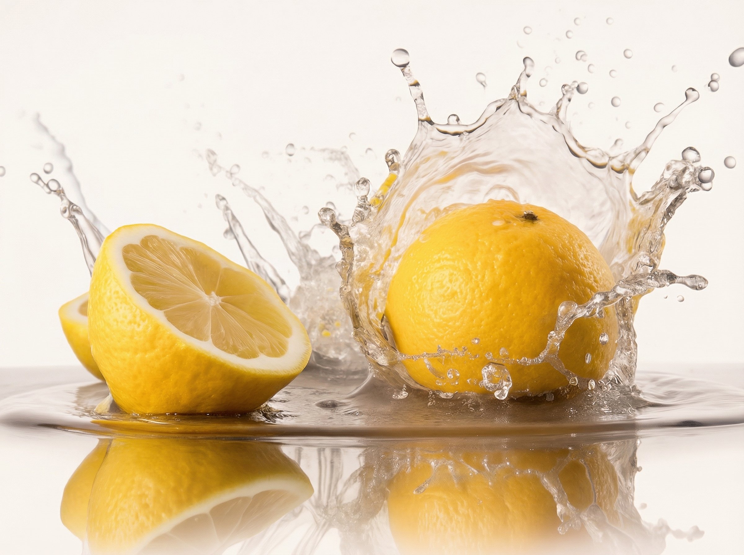 Un citron jaune éclaboussant dans l'eau, avec un morceau coupé du même citron à côté.