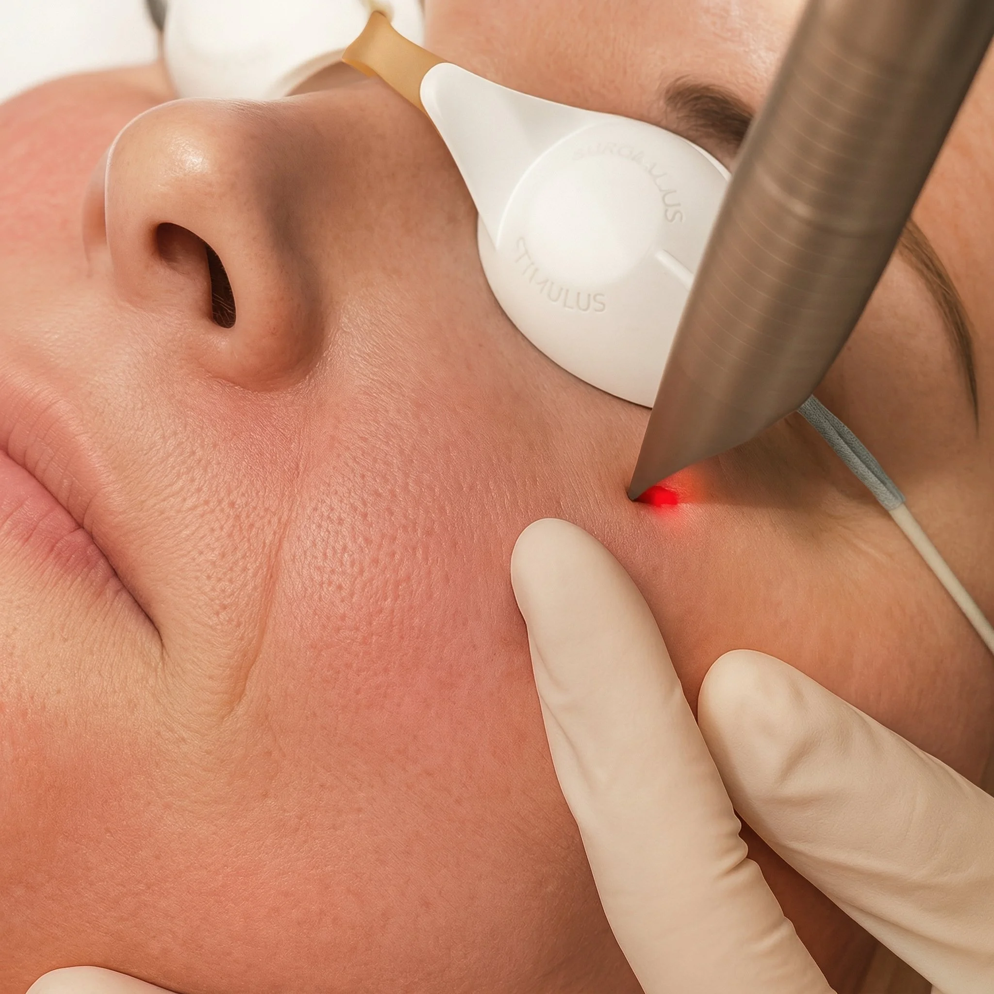 Un patient subit un traitement médical avec un laser près de la joue, portant un masque de protection pour l'œil. Le médecin porte des gants blancs.