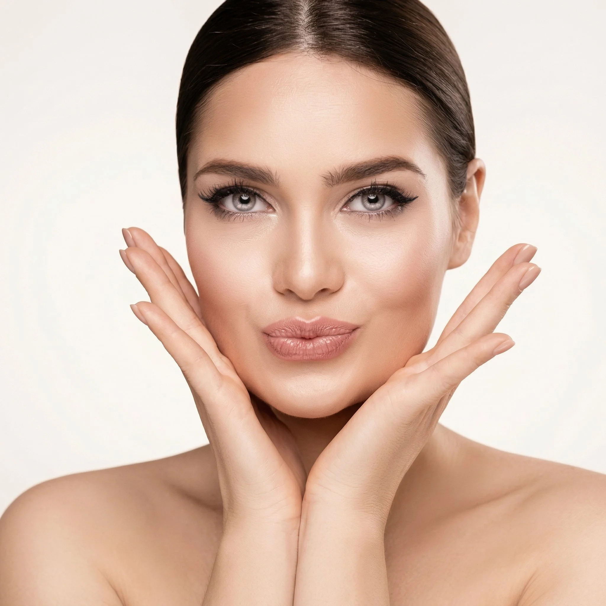 Une femme à la peau claire, aux cheveux bruns, maquillée, regarde directement l'objectif avec ses mains délicatement placées de chaque côté du visage.