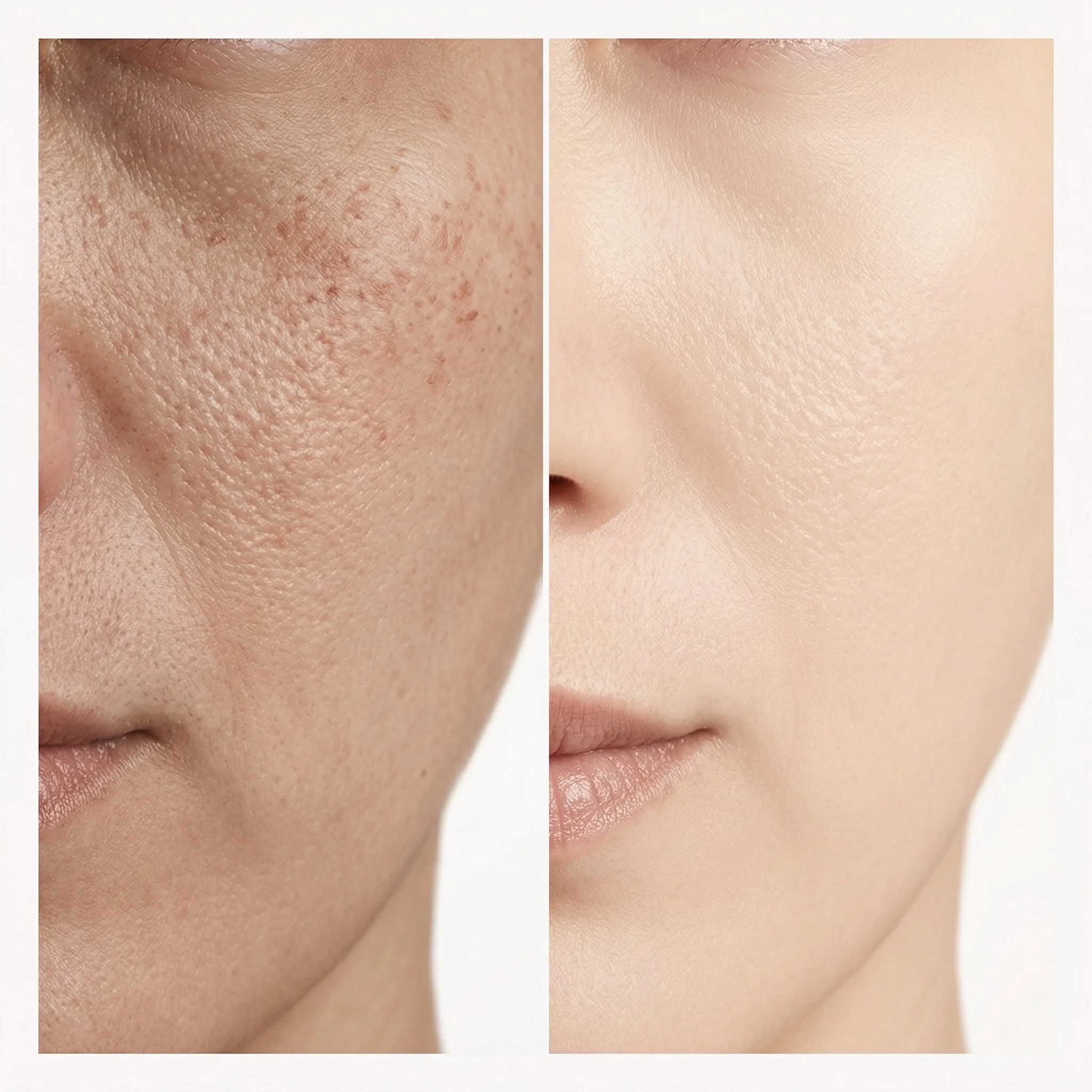 Comparaison de deux peaux, une avec acné et imperfections, l'autre avec une peau claire, lisse et sans défauts.