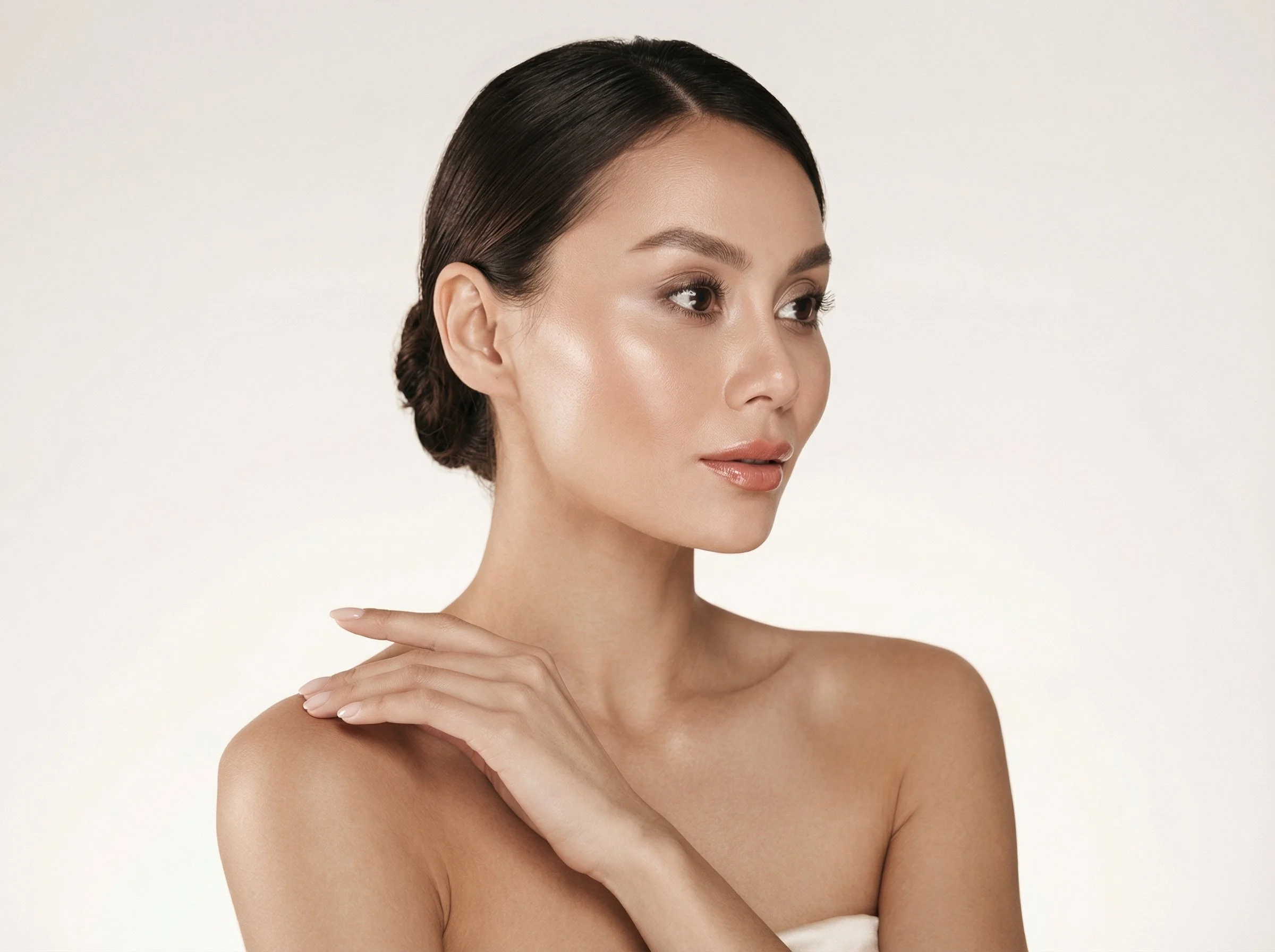 Une femme avec peau éclatante et maquillage naturel, regardant vers la droite, avec un fond blanc.