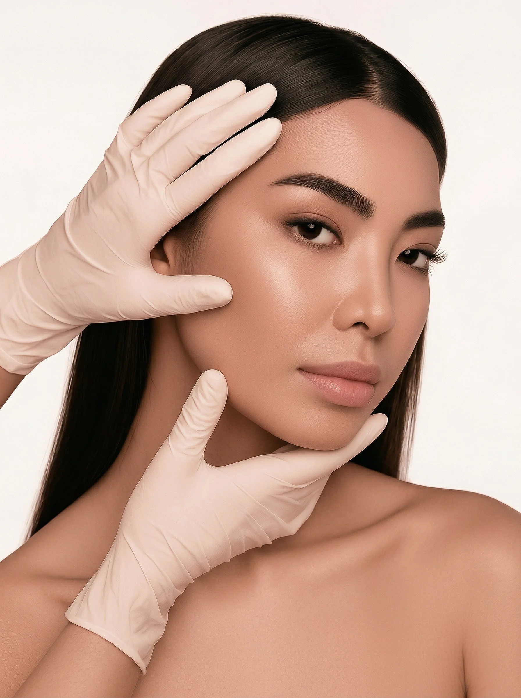 Une femme avec une peau lisse et maquillée, touchée par deux mains gantées de latex blanc, suggérant un soin ou une séance de beauté.