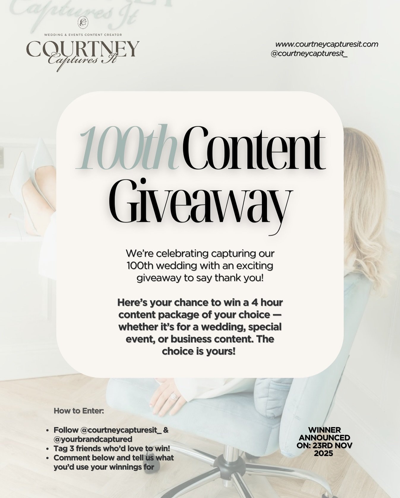 ✨ 100th Wedding Giveaway ✨
We&rsquo;re celebrating capturing our 100th wedding with a very special giveaway to say a huge THANK YOU! 🥂

You could win a 4 hour content package of your choice &mdash; whether it&rsquo;s for a wedding, event or business