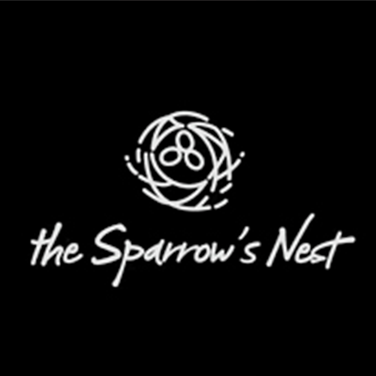 Black background with white logo featuring a bird's nest symbol and the text "the Sparrow's Nest" in a handwritten style.