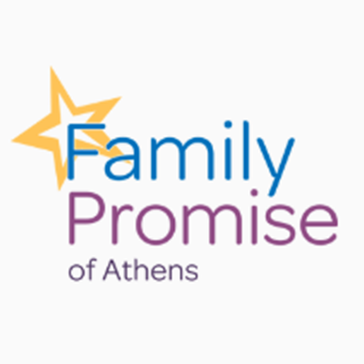 Logo of Family Promise of Athens featuring a yellow star, and the words 'Family Promise of Athens' in blue and purple text.