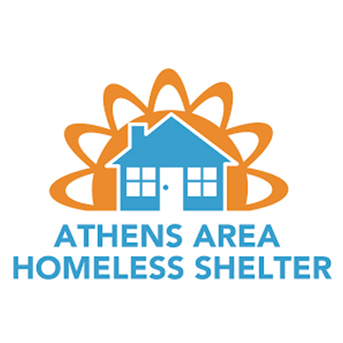 Logo of Athens Area Homeless Shelter featuring a blue house with a dark blue roof, surrounded by an orange graphic representing connectivity or community, with text below reading 'Athens Area Homeless Shelter'.