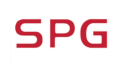 The image shows a logo with the letters 'SPG' in red and white, with a 3D shadow effect.