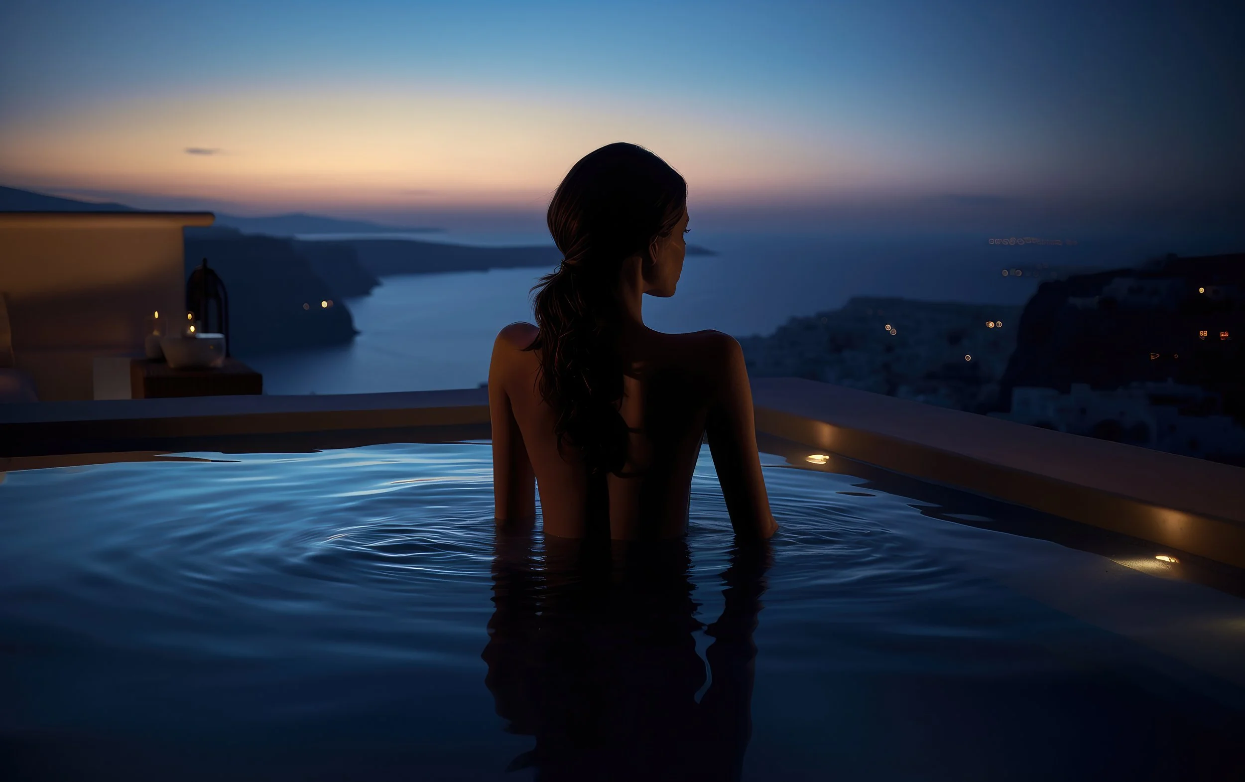 A woman in a hot tub overlooking a sunset over water and cliffs.