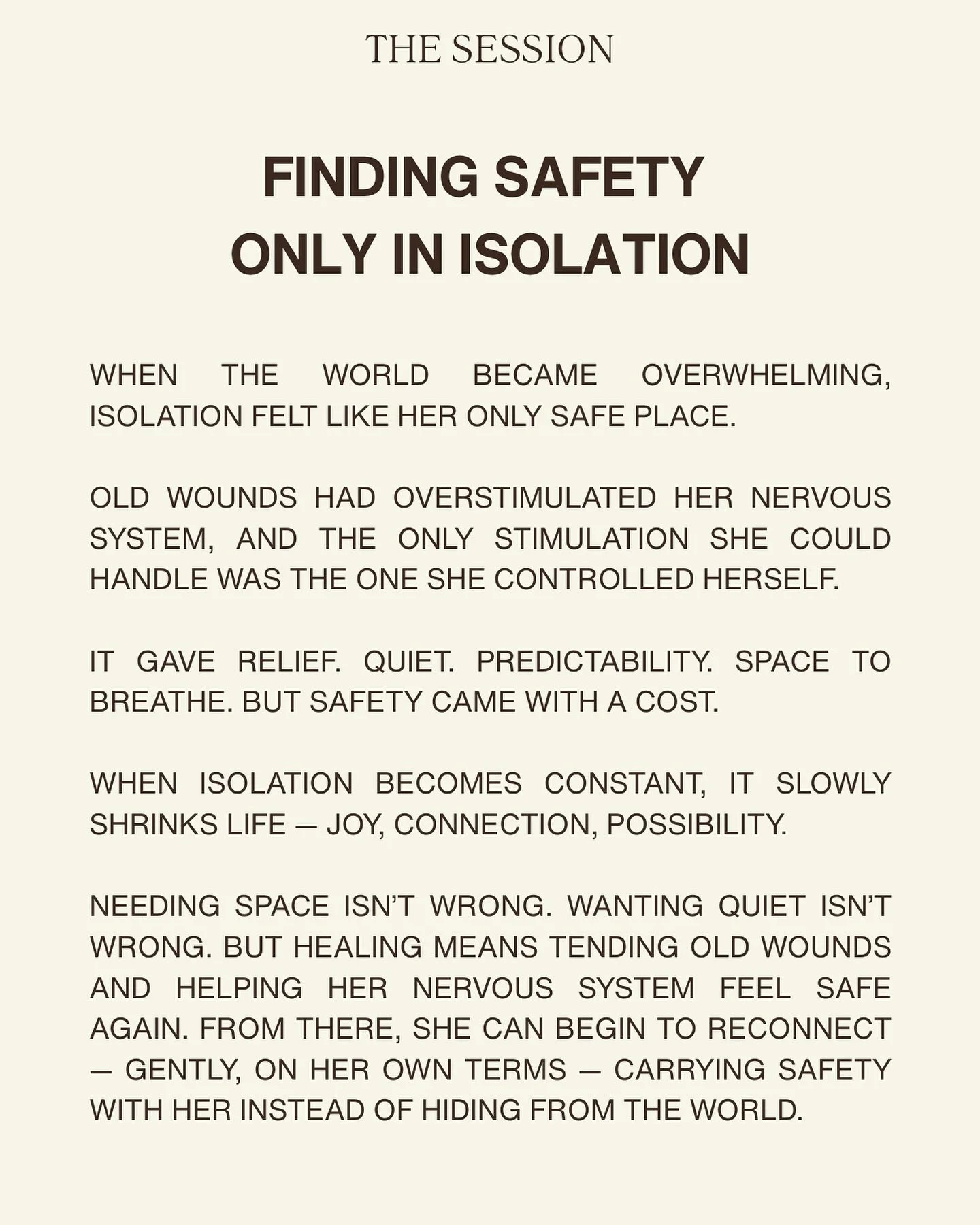 When isolation becomes constant, it slowly shrinks life &mdash; joy, connection, possibility 🤎
-
#nervoussystemregulation #psychologistsofinstagram