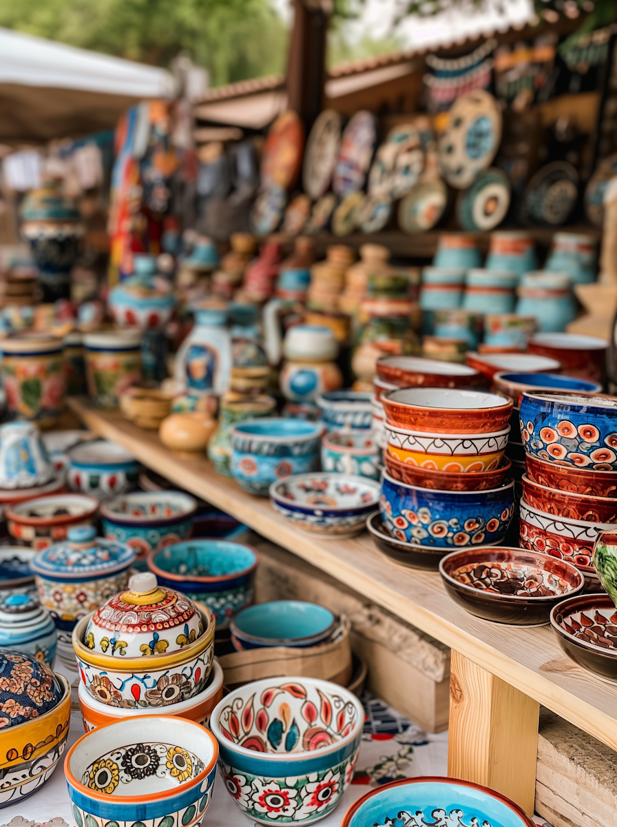 Colorful Ceramic Pottery at Market Stall.png