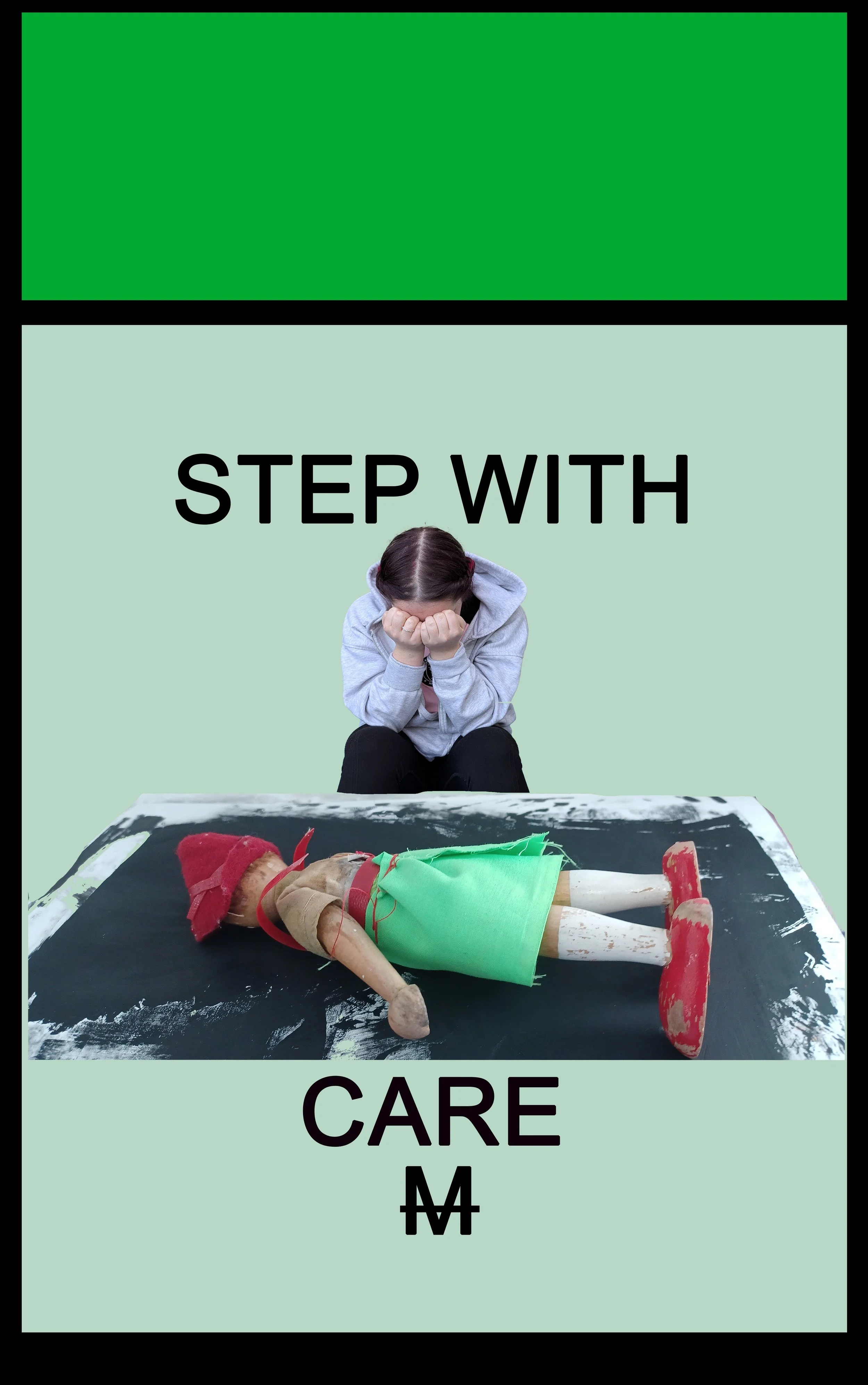 'Step with Care' photomontage digital print on vinyl, 38 x 58cm from Your Move installation, NCAD Works 2025 
Also available as Giclée Print on Hannemule William Turner 27cm x42cm