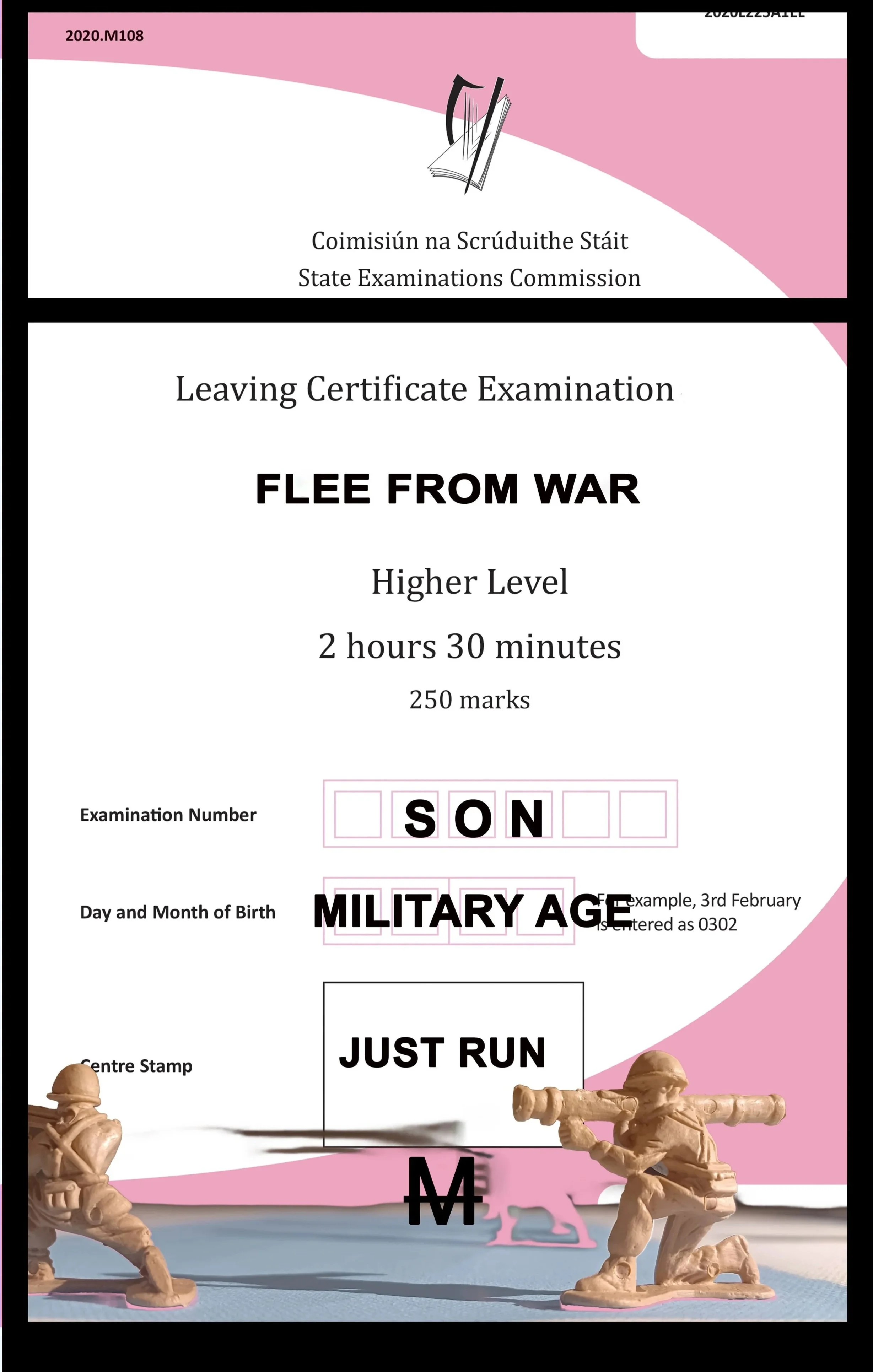 'Military Age Precious Son', photomontage digital print on vinyl, 38 x 58cm from Your Move installation, NCAD Works 2025 
Also available as Giclée Print on Hannemule William Turner 27cm x42cm