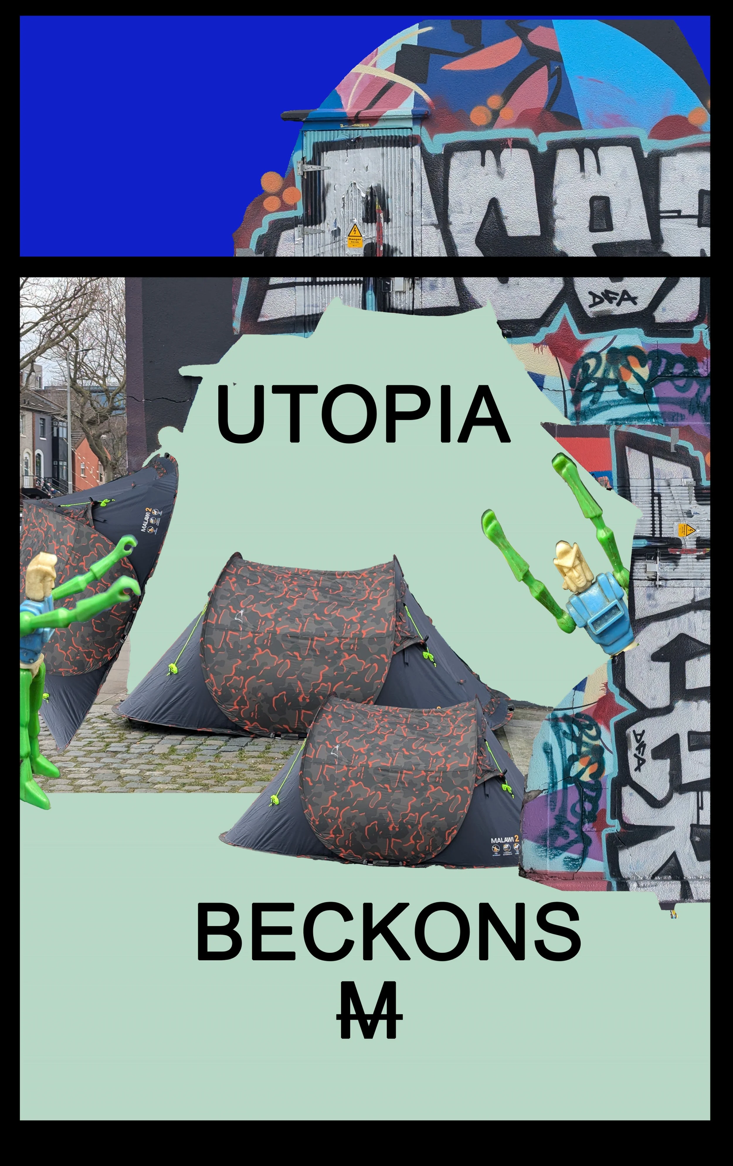  'Utopia Beckons'  photomontage digital print on vinyl, 38 x 58cm from Your Move installation, NCAD Works 2025 
Also available as Giclée Print on Hannemule William Turner 27cm x42cm    