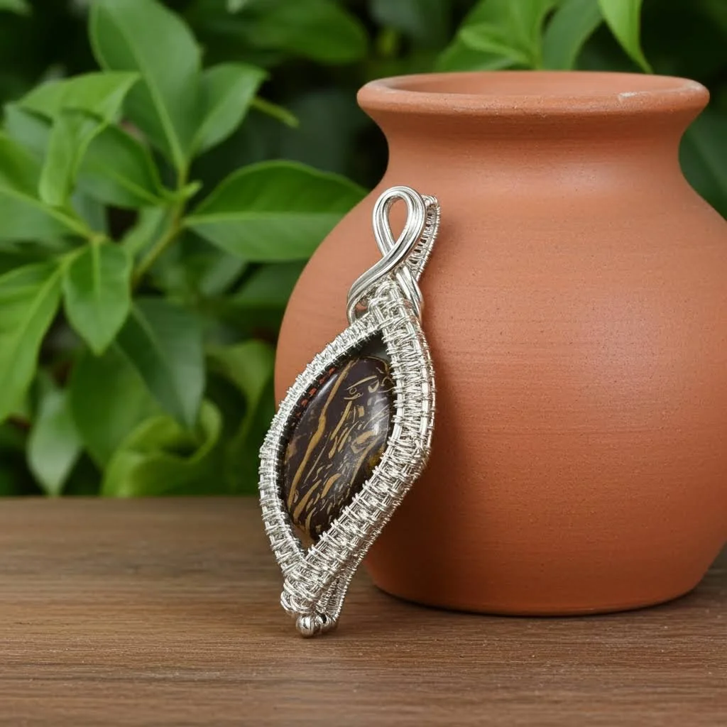 Mariam Stone in silver finished wire wrap pendant