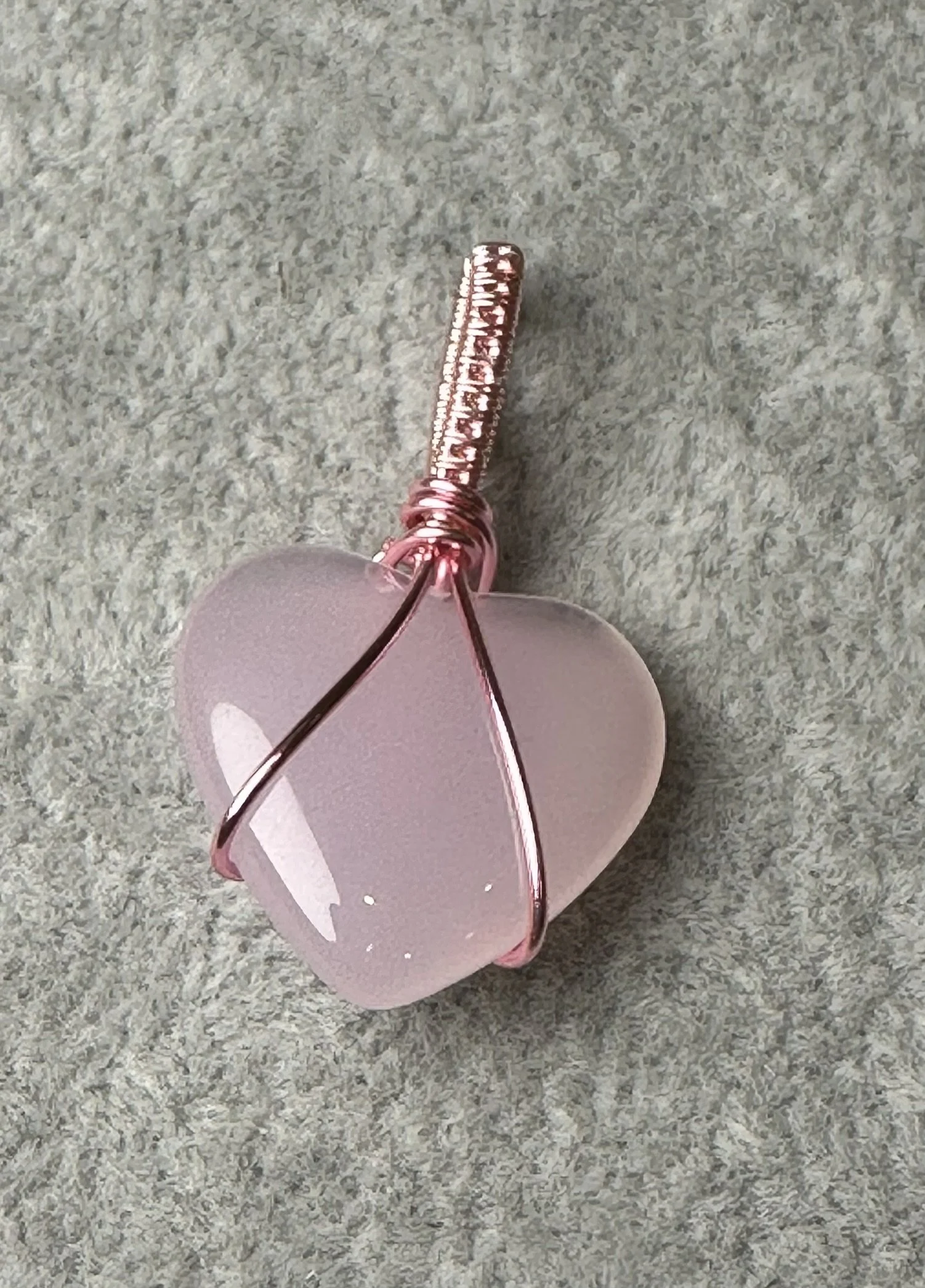 Rose Quartz Heart Pendant with Pink Wire Wrap