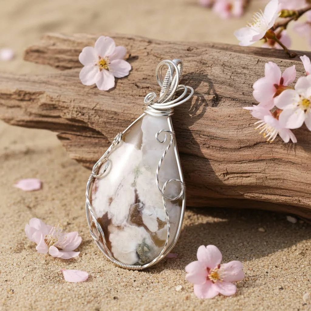 Cherry Blossom Agate Pendant in Silver