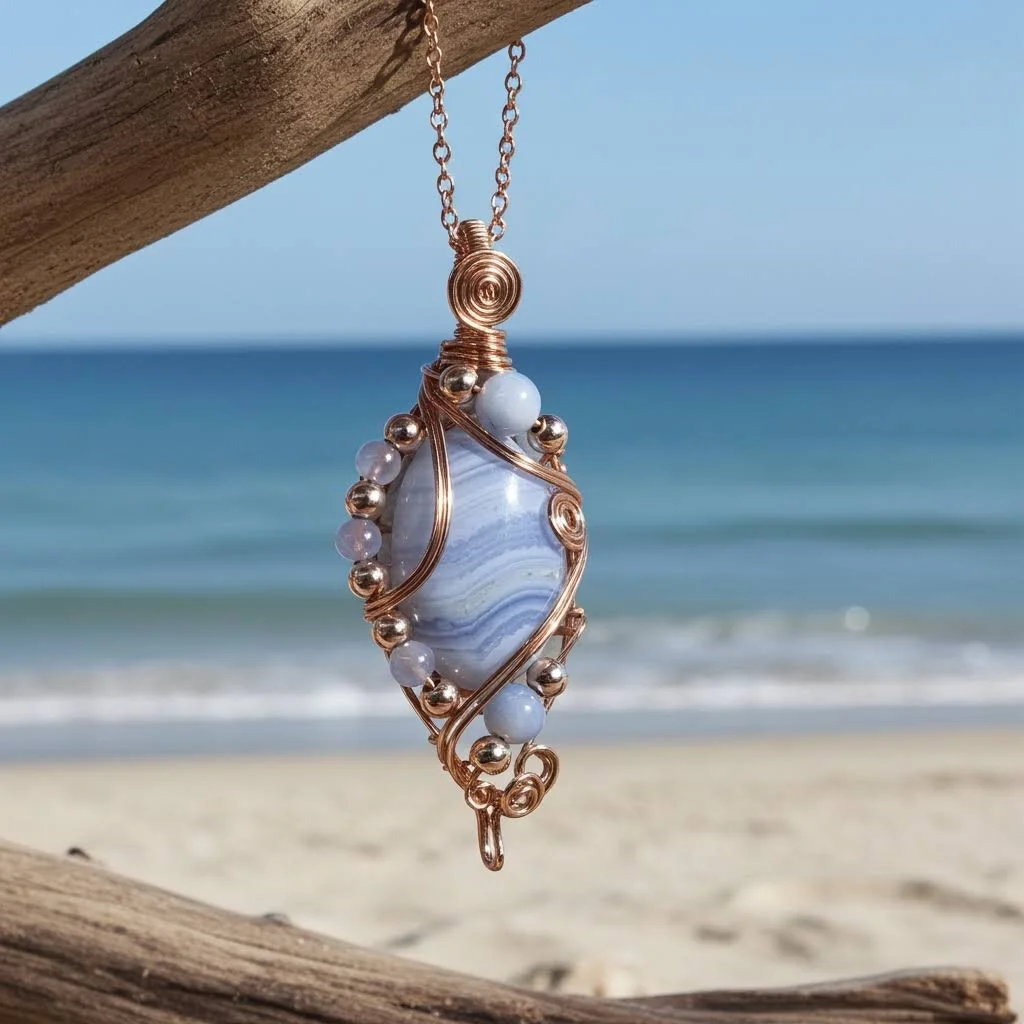 Blue lace agate pendant wire wrapped in rose gold finished silver plated copper wire