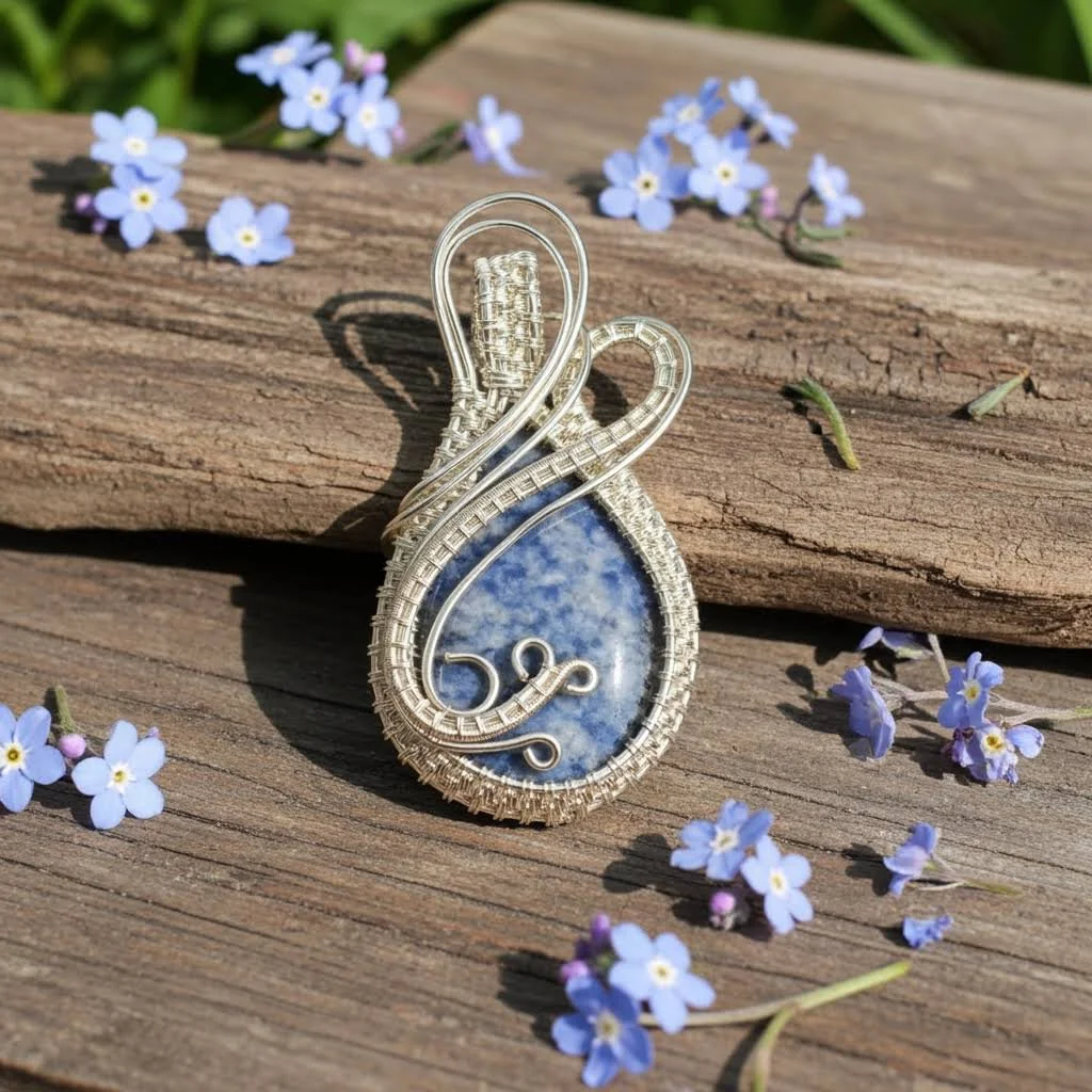 Blue Sodalite Pendant wrapped in silver finished Copper Wire