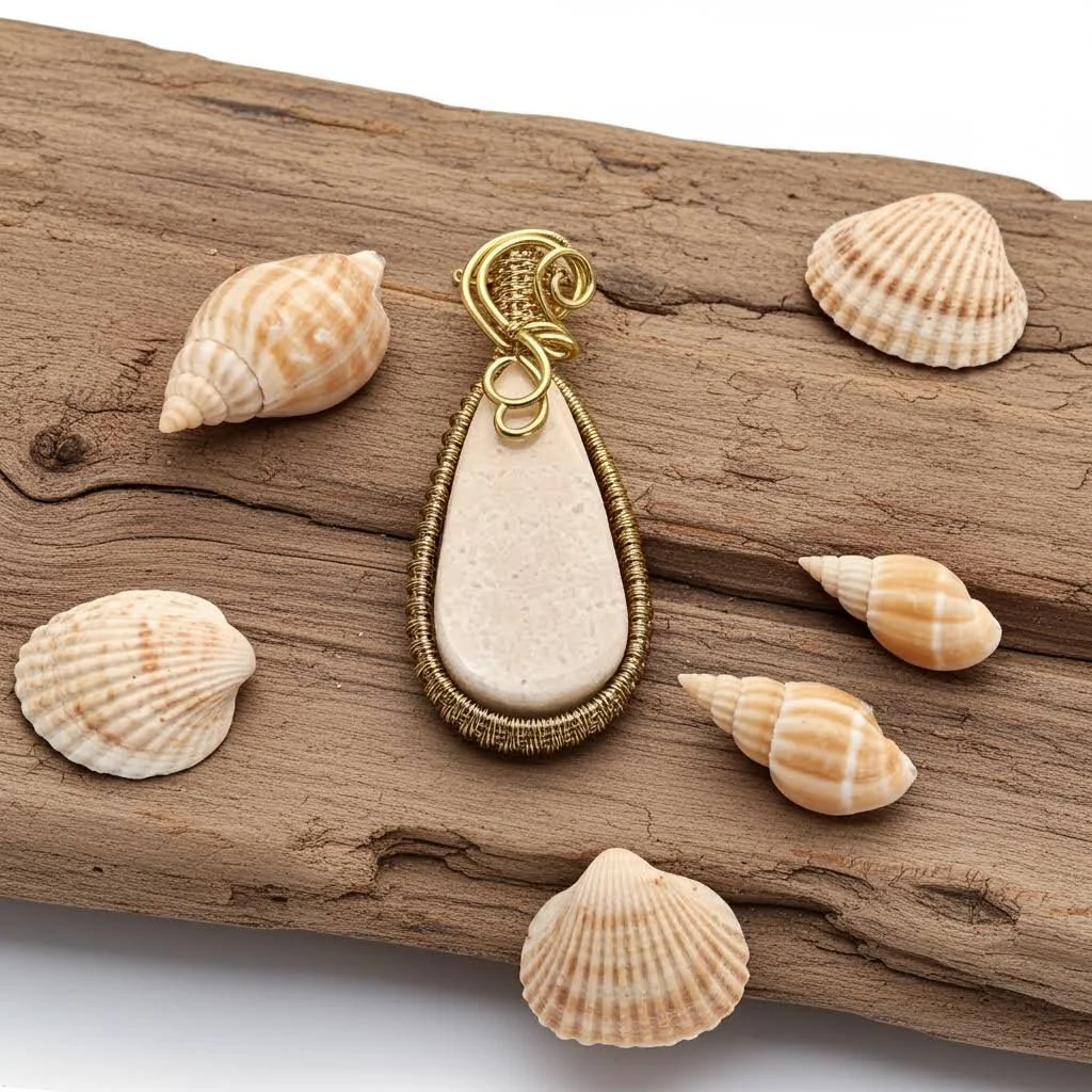 A teardrop-shaped pendant with a white stone set in a gold wire frame, placed on a piece of driftwood, surrounded by seven seashells of various shapes and sizes.