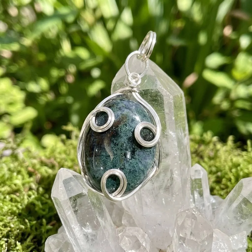Silver Wrapped Moss Agate Pendant