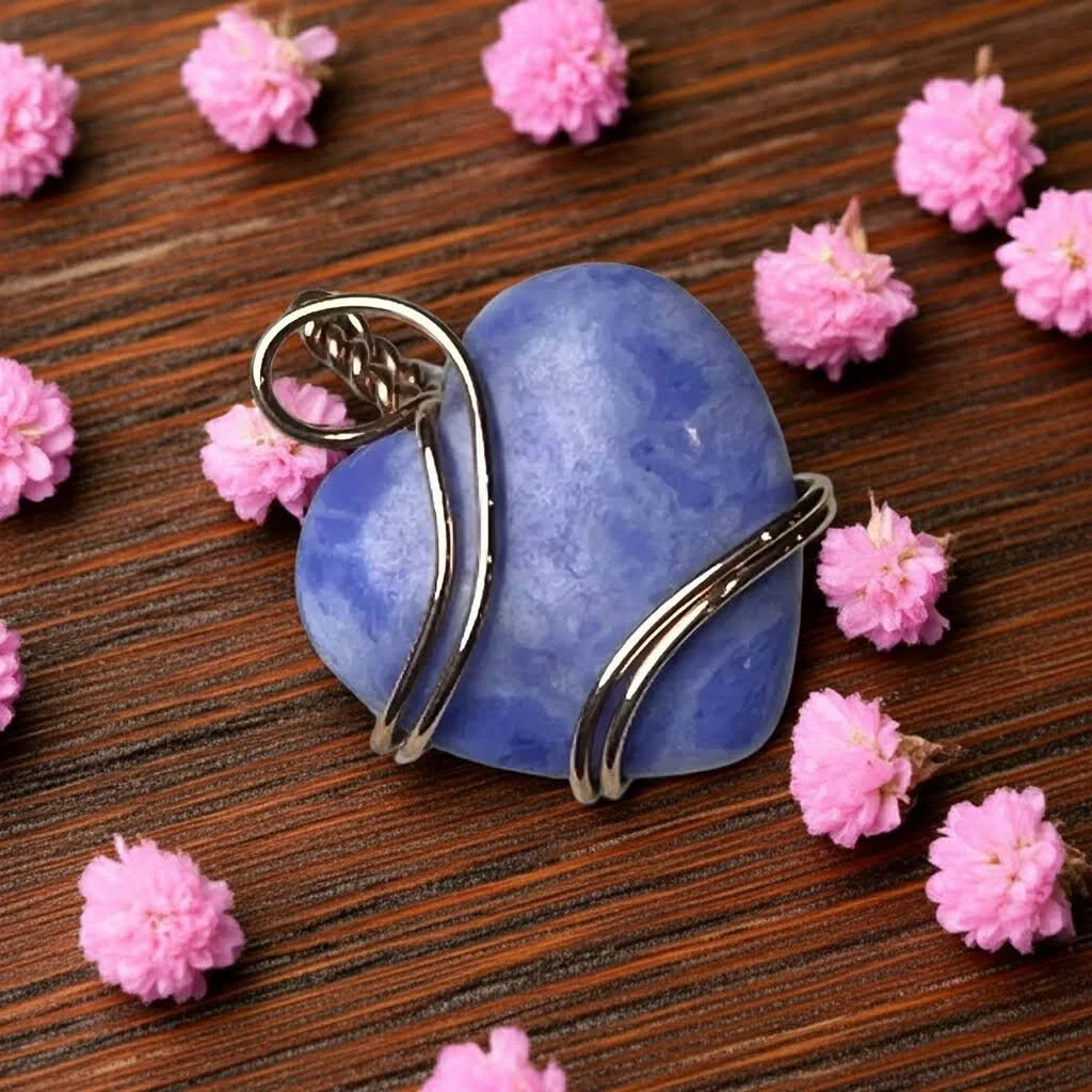 Blue Quartz Heart in Rose Gold Silver Finished Wire Wrap Pendant
