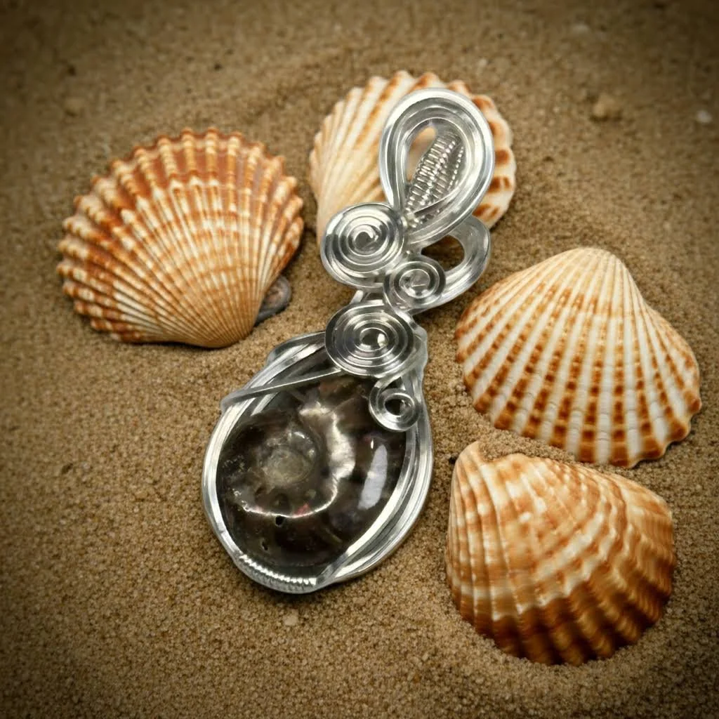 Ammonite in silver finished copper wire wrapped pendant