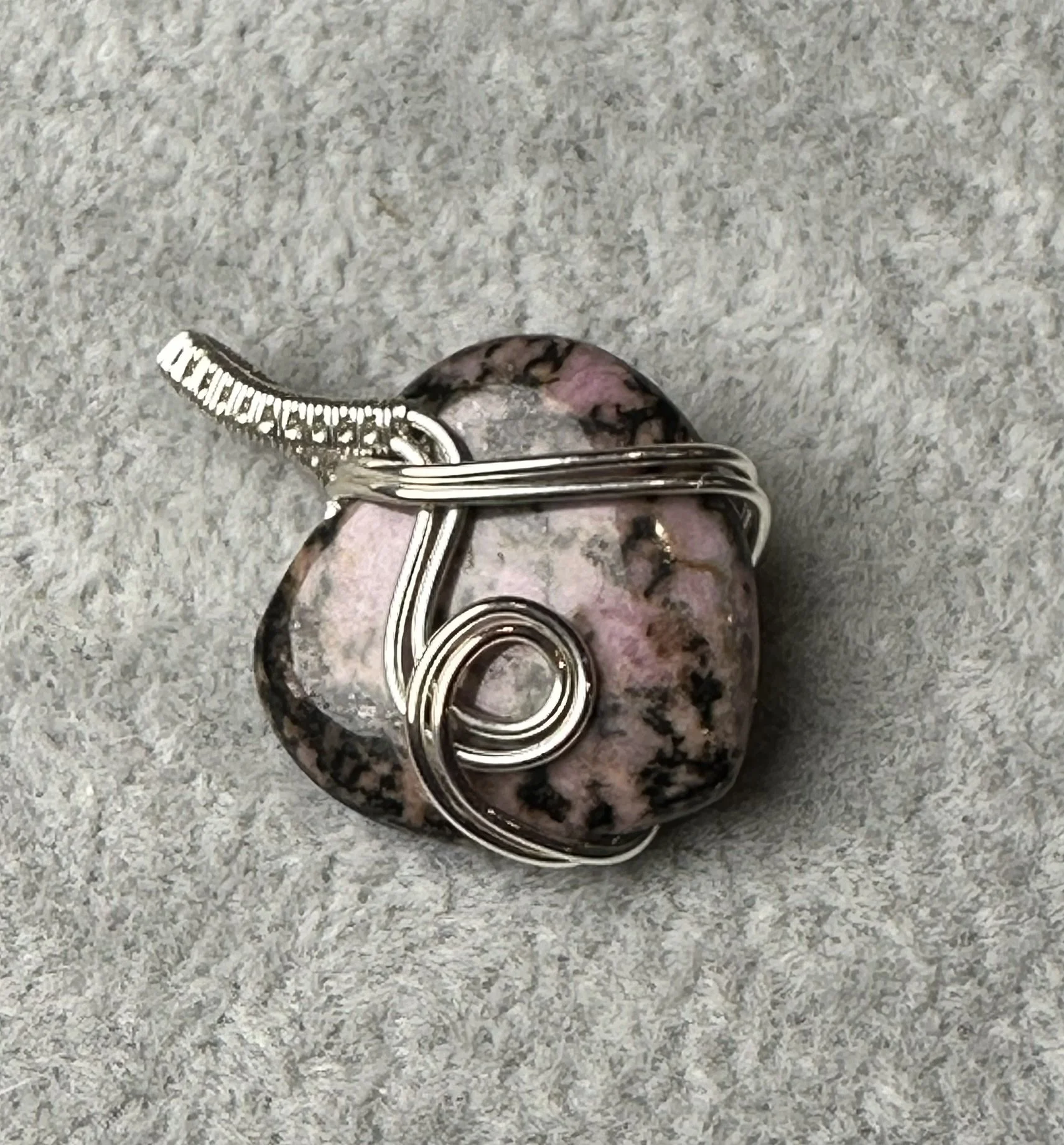 Rhodonite Heart wrapped in Silver Finished Copper wire Pendant