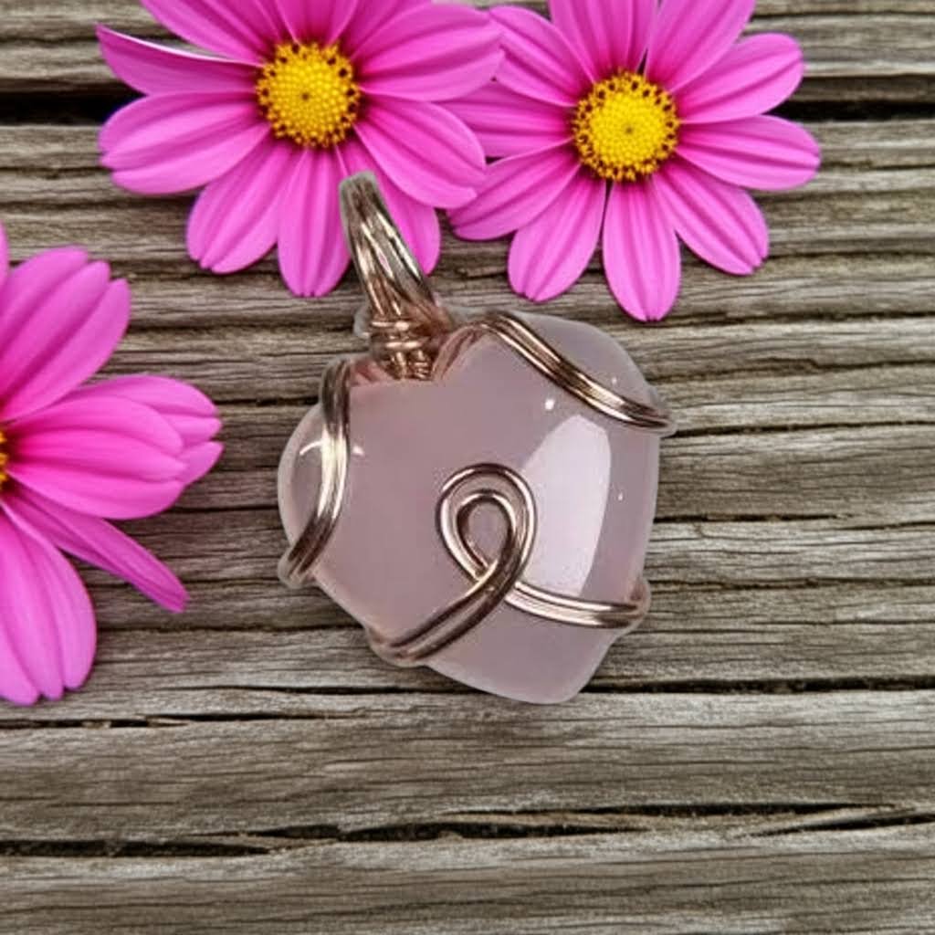 Rose Quartz Heart wire wrapped pendant