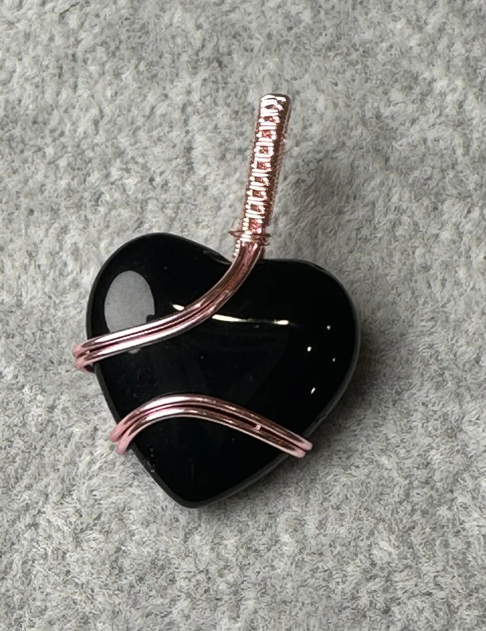 Black Obsidian Heart Pendant wrapped in Pink Copper Wire