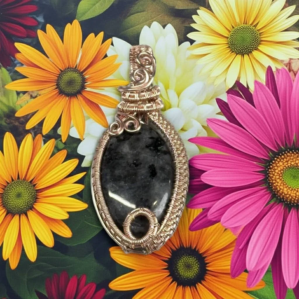 Larvikite Pendant: Rose Gold Colored Silver Finished Wire Wrapped