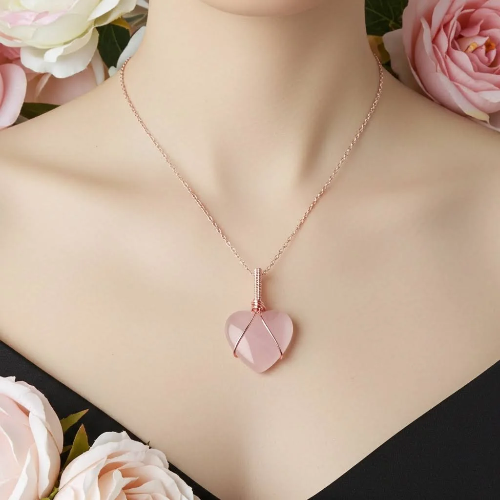 Rose Quartz Heart Pendant with Pink Wire Wrap