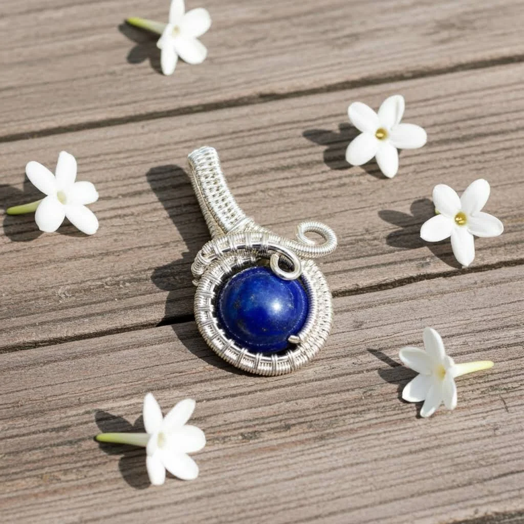Lapis Lazuli in Silver Finished wire wrapped pendant