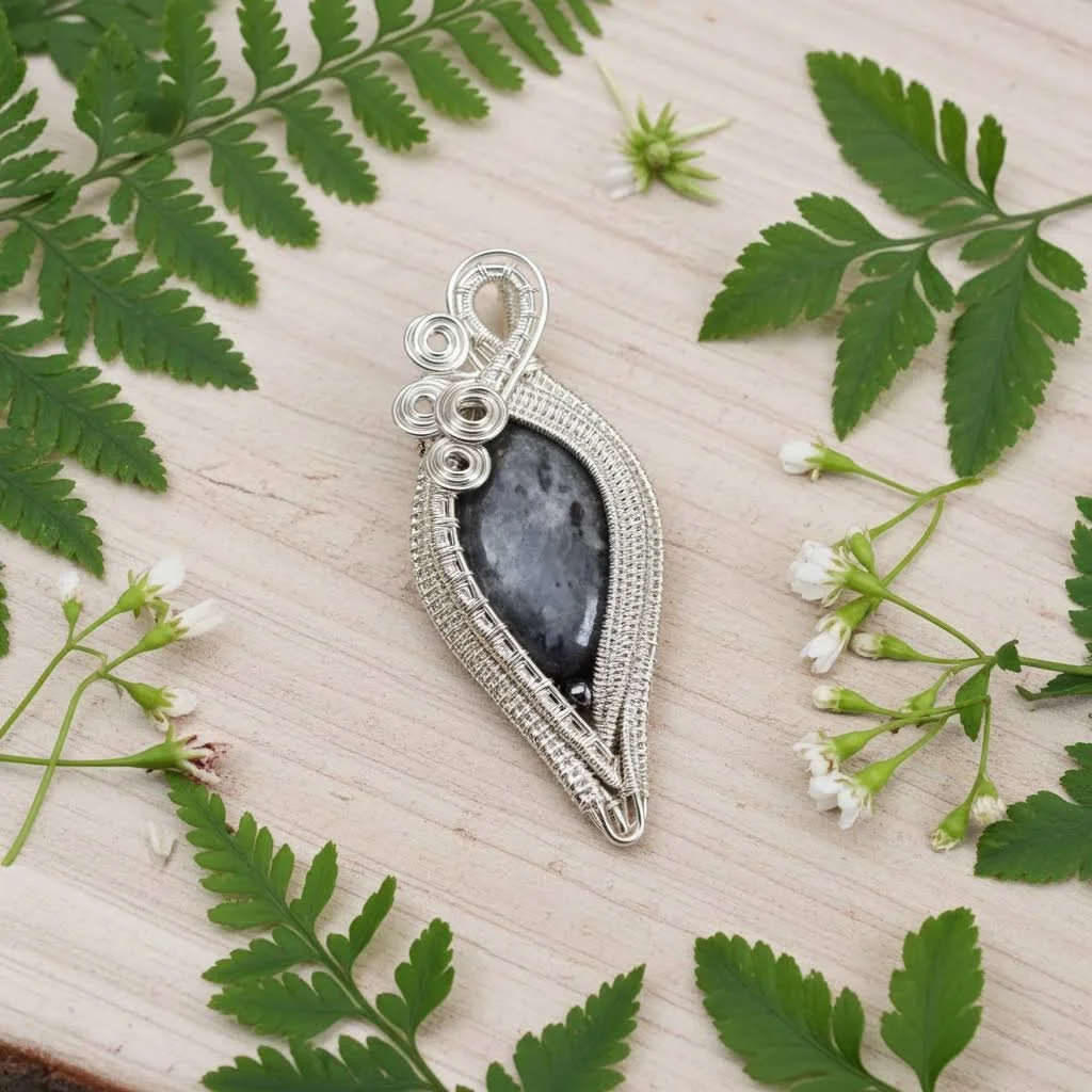 Larvikite in Silver Wire Wrapped Pendant