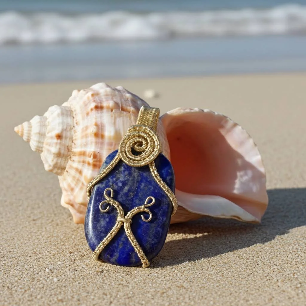 Lapis Lazuli and Gold finished copper wire wrapped pendant