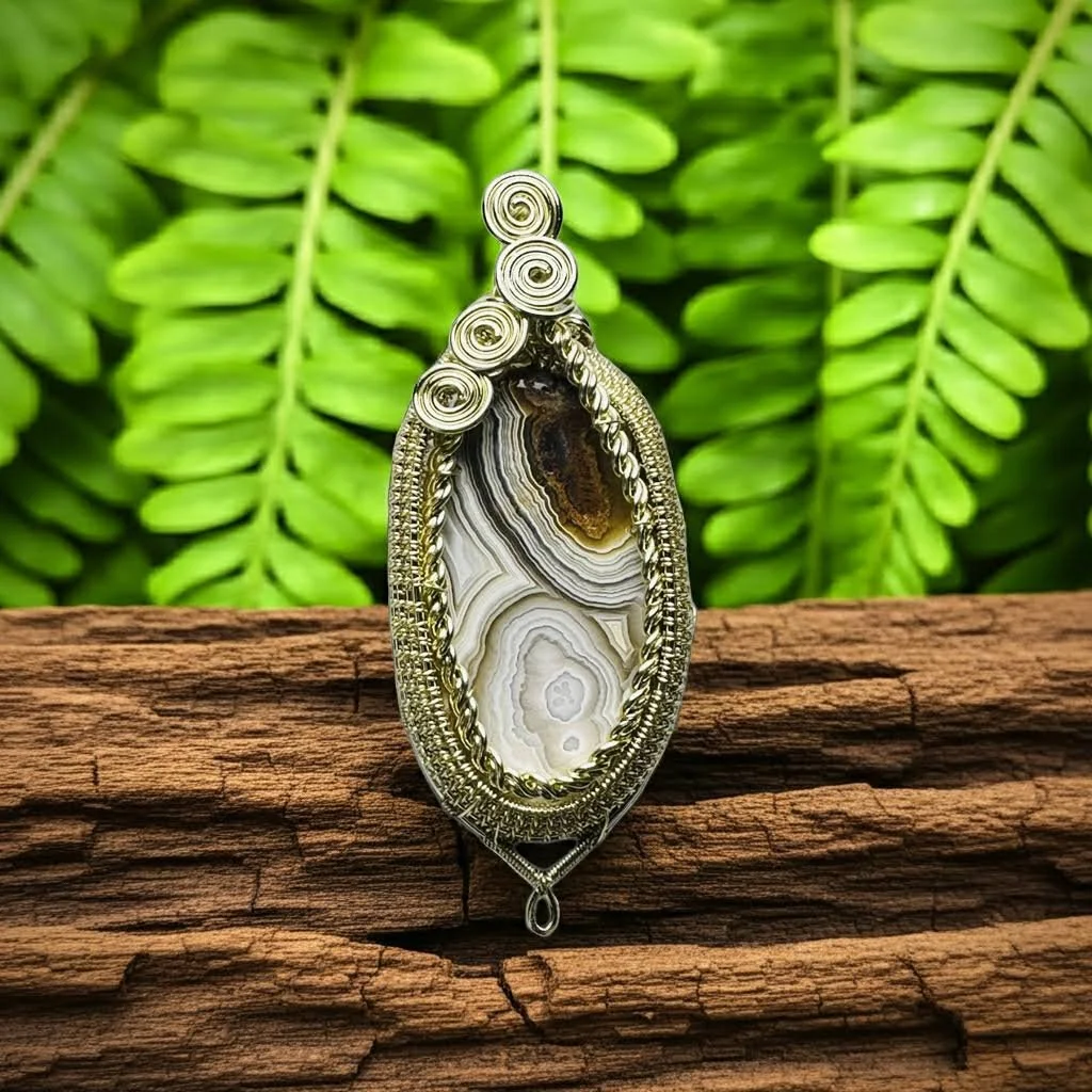 Lace Agate Gold-Tone Wire Wrapped Pendant