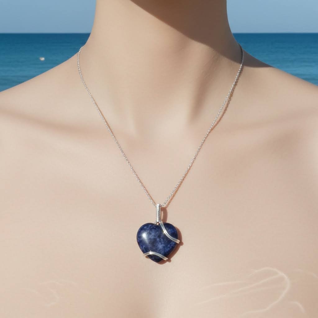 Blue Sodalite Heart Pendant wrapped in silver finished Copper Wire
