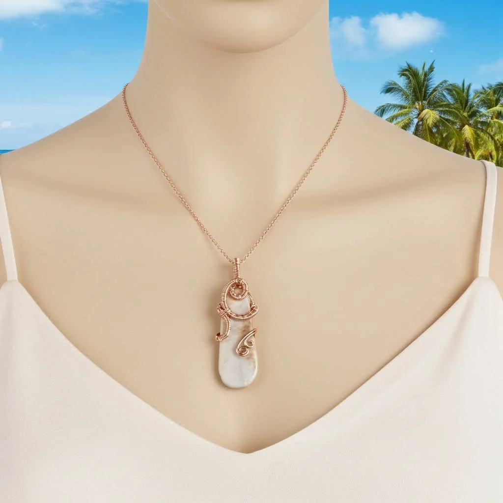 Fossil coral in copper wire wrapped pendant