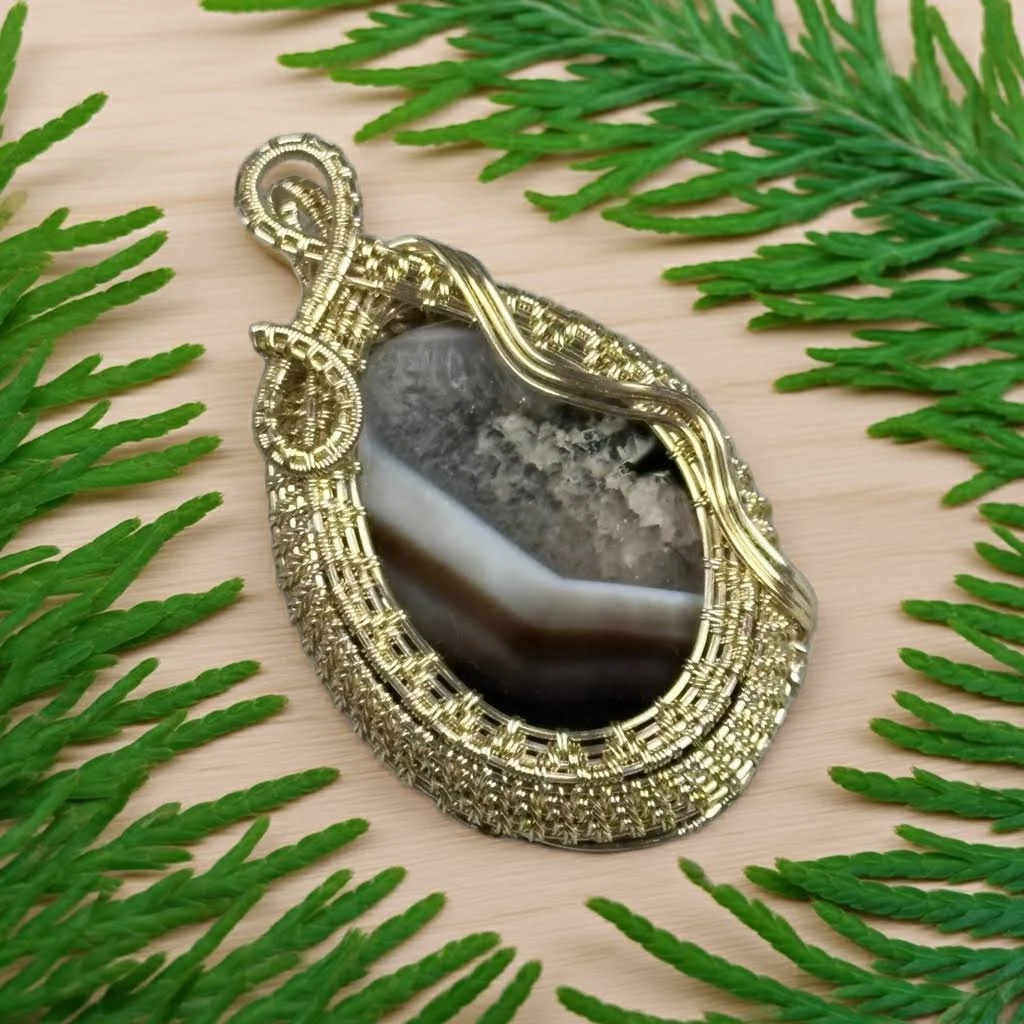 Wire Wrapped Agate Pendant: Agate in gold finished copper wire