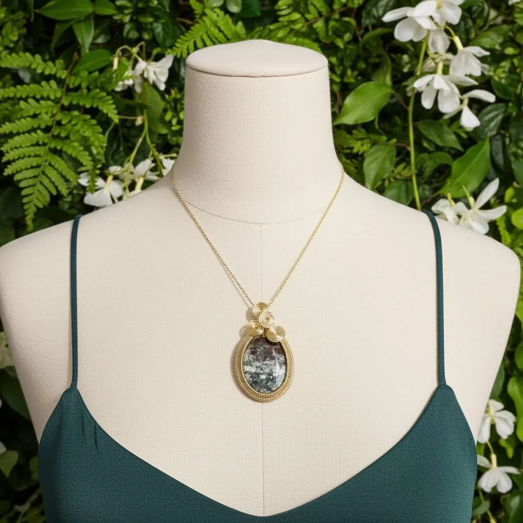 Red and Green Moss agate pendant wire wrapped in gold finished copper wire