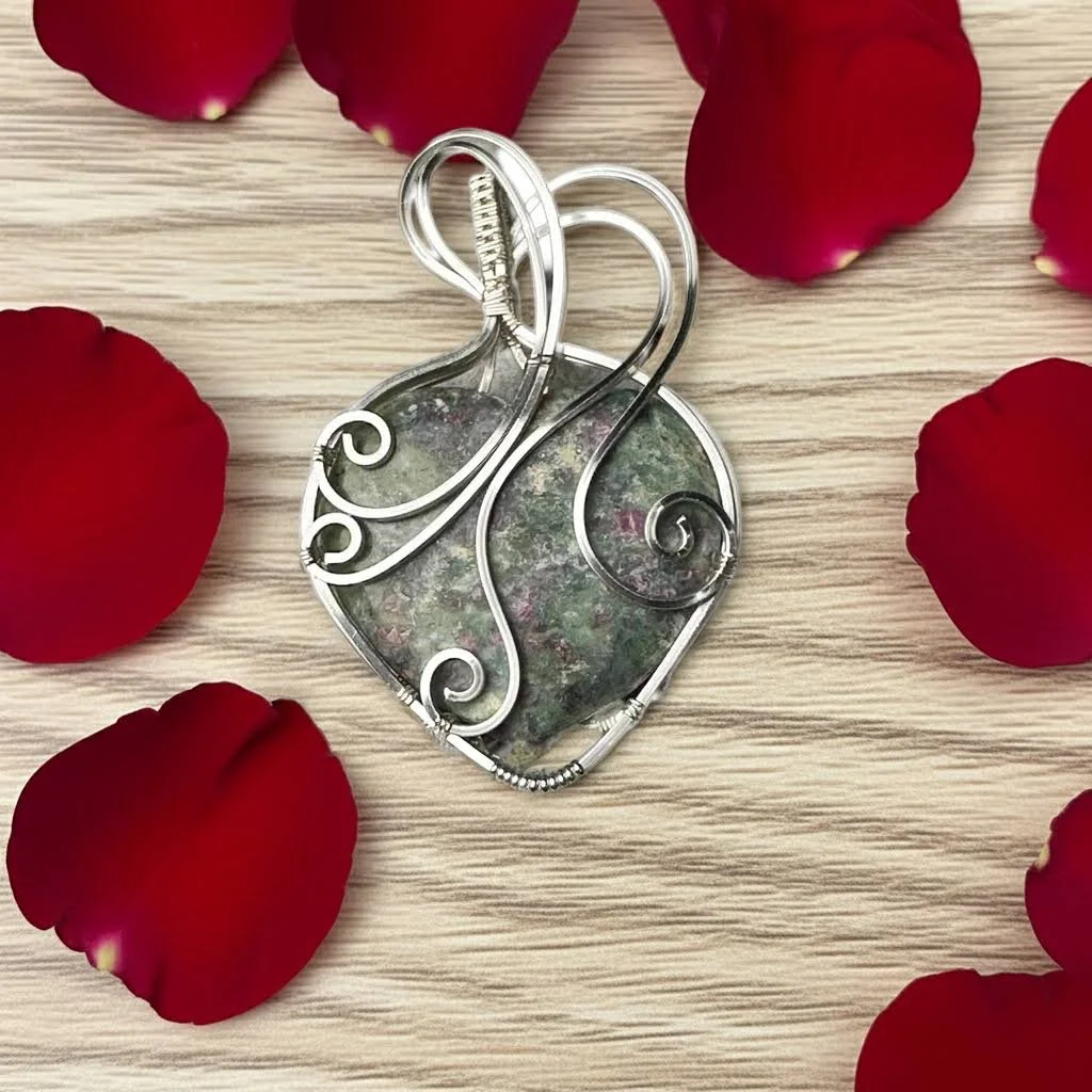 Ruby in Fuchsite Heart Pendant in Silver Finished Copper Wire wrap