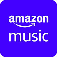 Amazon Music logo with white text on a blue background.
