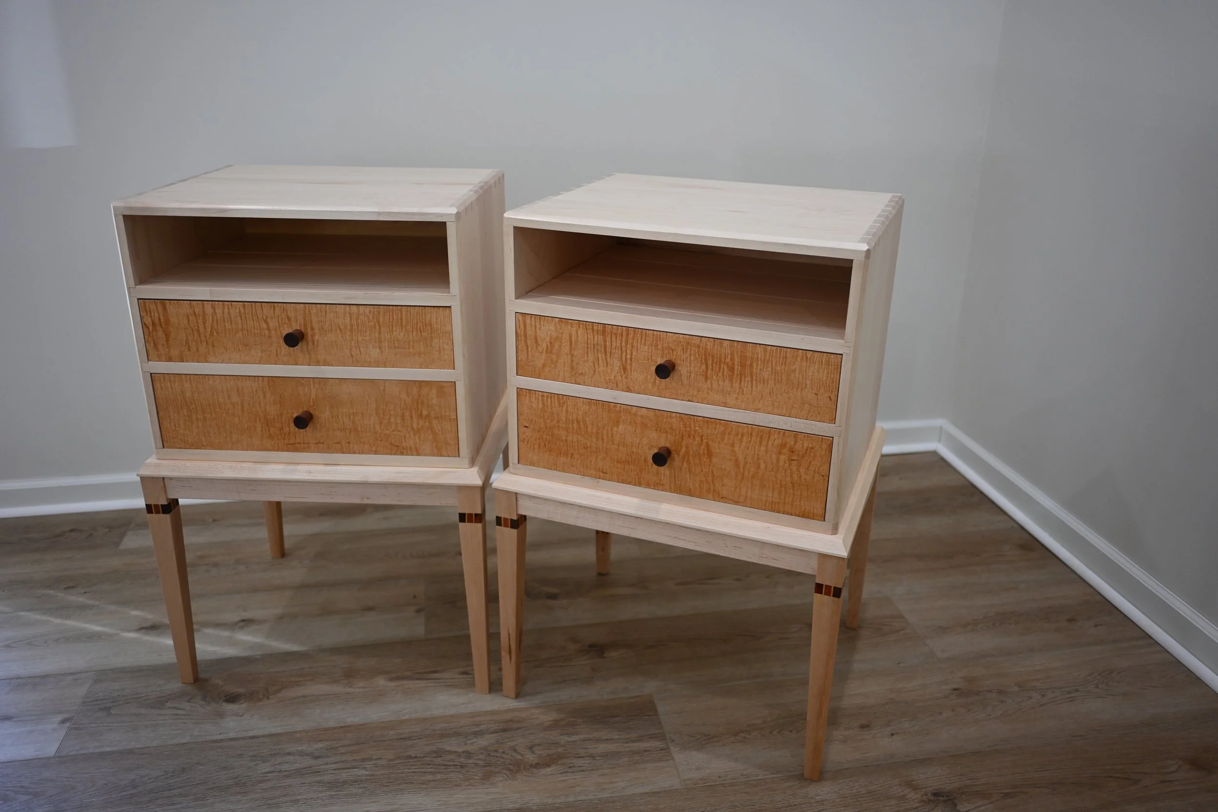 Twin nightstands. Maple with hand cut dovetails. inlays with cocobolo, yellowheart, and bloodwood.