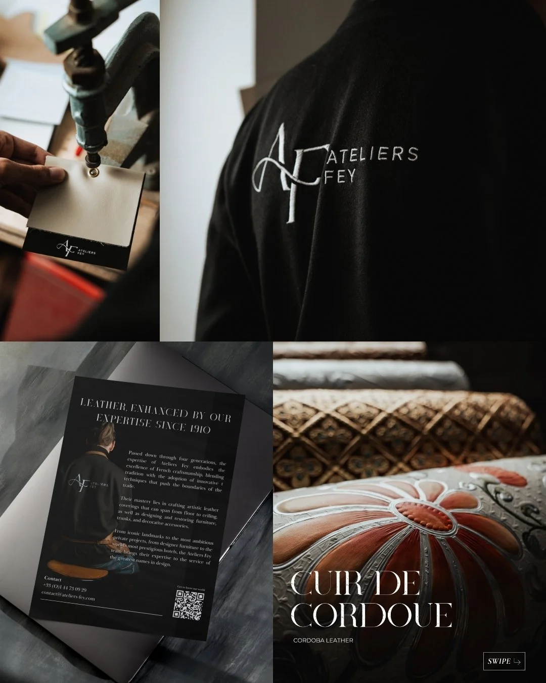 Collage de quatre images montrant des éléments liés à la maroquinerie et à la fabrication. En haut à gauche, une personne utilisant une presse pour fixer une pièce de cuir. En haut à droite, une étiquette ou un logo brodé 'Ateliers Fey' sur une veste noire. En bas à gauche, une brochure ou un flyer présentant l'expertise en cuir, avec un homme vu de dos. En bas à droite, une photo d'une pièce de cuir ou d'un produit en cuir avec le texte 'Cuir de Cordoue' et 'Cordoba Leather'.