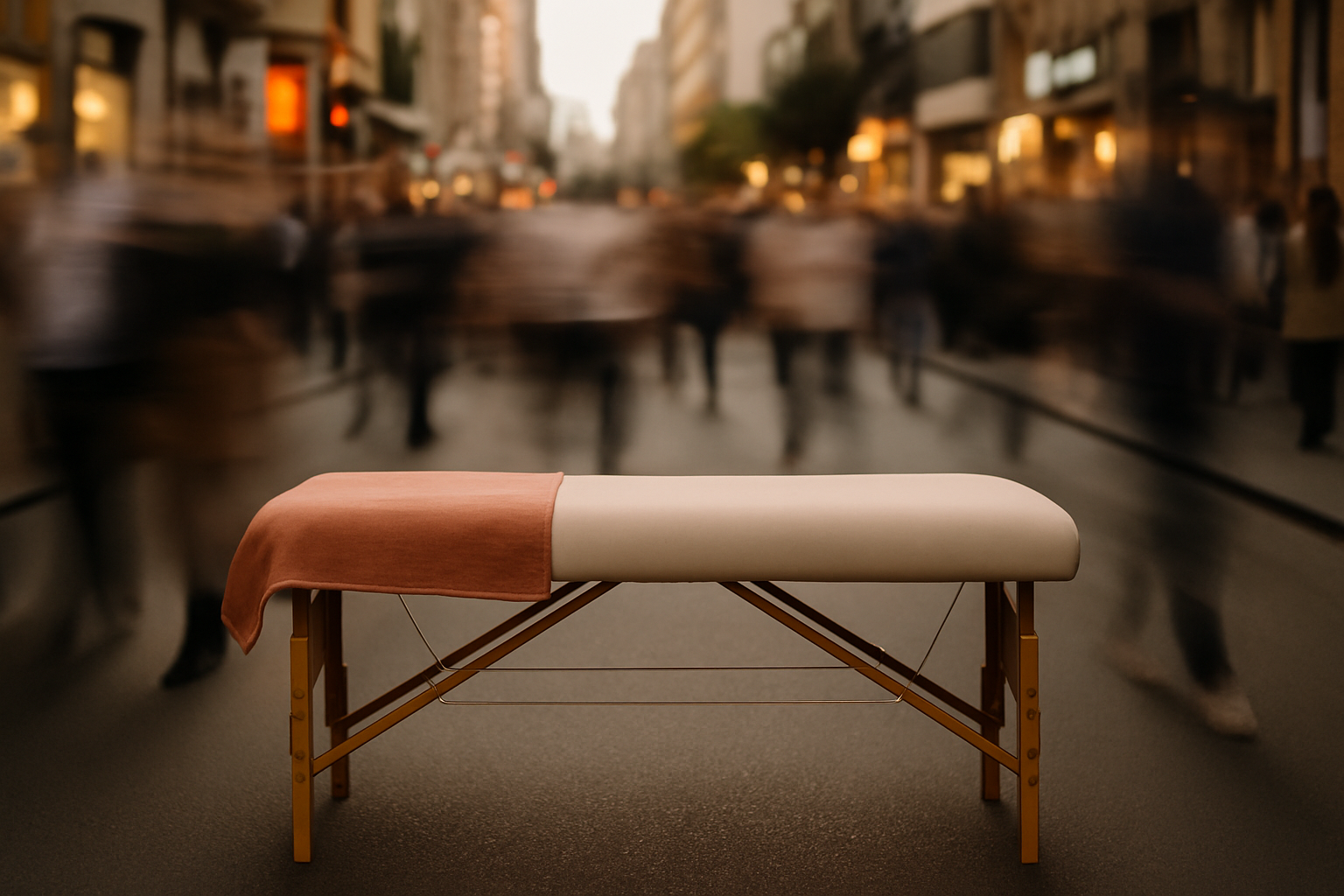 Un lit d'hôpital dans une rue urbaine animée, avec des personnes floues qui passent rapidement en arrière-plan.